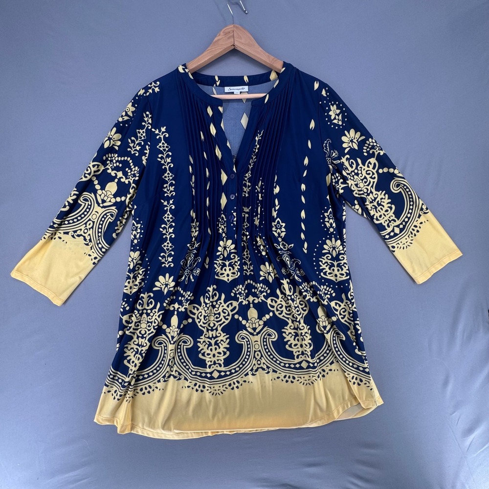 Serengeti Navy Yellow Damask Print Pintuck V-Neck Tunic Top Large 3/4 Sleeve